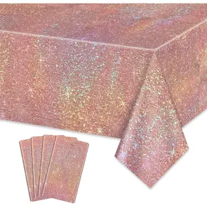 4 Pack Pink Rose Gold Iridescent Tablecloths Rose Gold Glitter Sequin Printed Table Covers for Girls and Women's Birthday Bridal Shower Wedding Party Supplies 51 x 86 inches