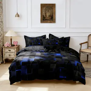 3-Piece Faux 3D Geometric Pattern Bedding Set, Soft and Breathable, Includes 1 Duvet Cover and 2 Pillowcases, No Insert Blue Plaid Design