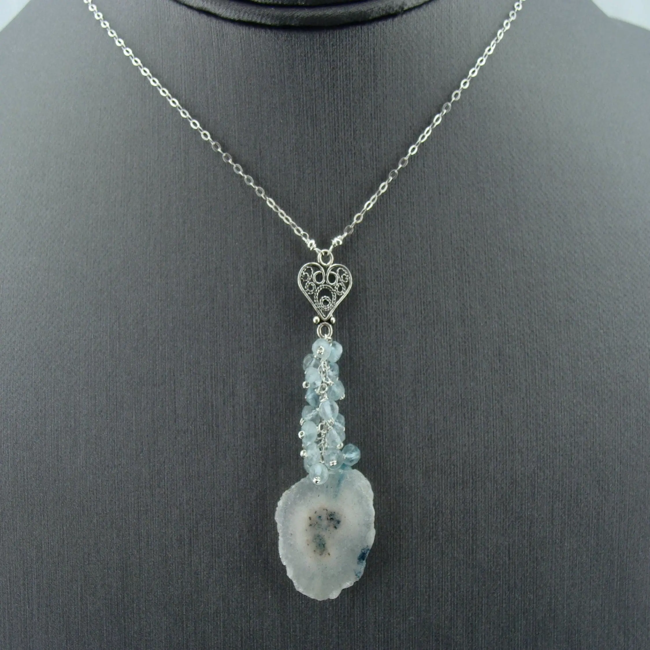 Solar Quartz & Aquamarine Necklace · 925 Sterling Silver Filigree Heart · Blue Gemstone Jewelry · Gift for Her