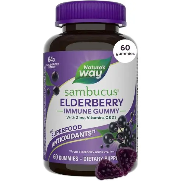 Nature's Way Sambucus Elderberry Gummies, Immune Support Gummy for Adults & Kids Ages 4+ with Black Elderberry Extract, Vitamin C, Vitamin D3, and Zinc*, 60 Gummies