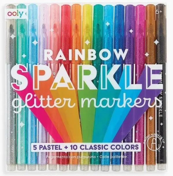 Rainbow Sparkle Glitter Markers - 15-Pack Classic Writing Tools with Sparkling Ink, 5 Pastel Colors, Office Writing & Correction Supplies, Back to School Haul Essentials for Ages 6+