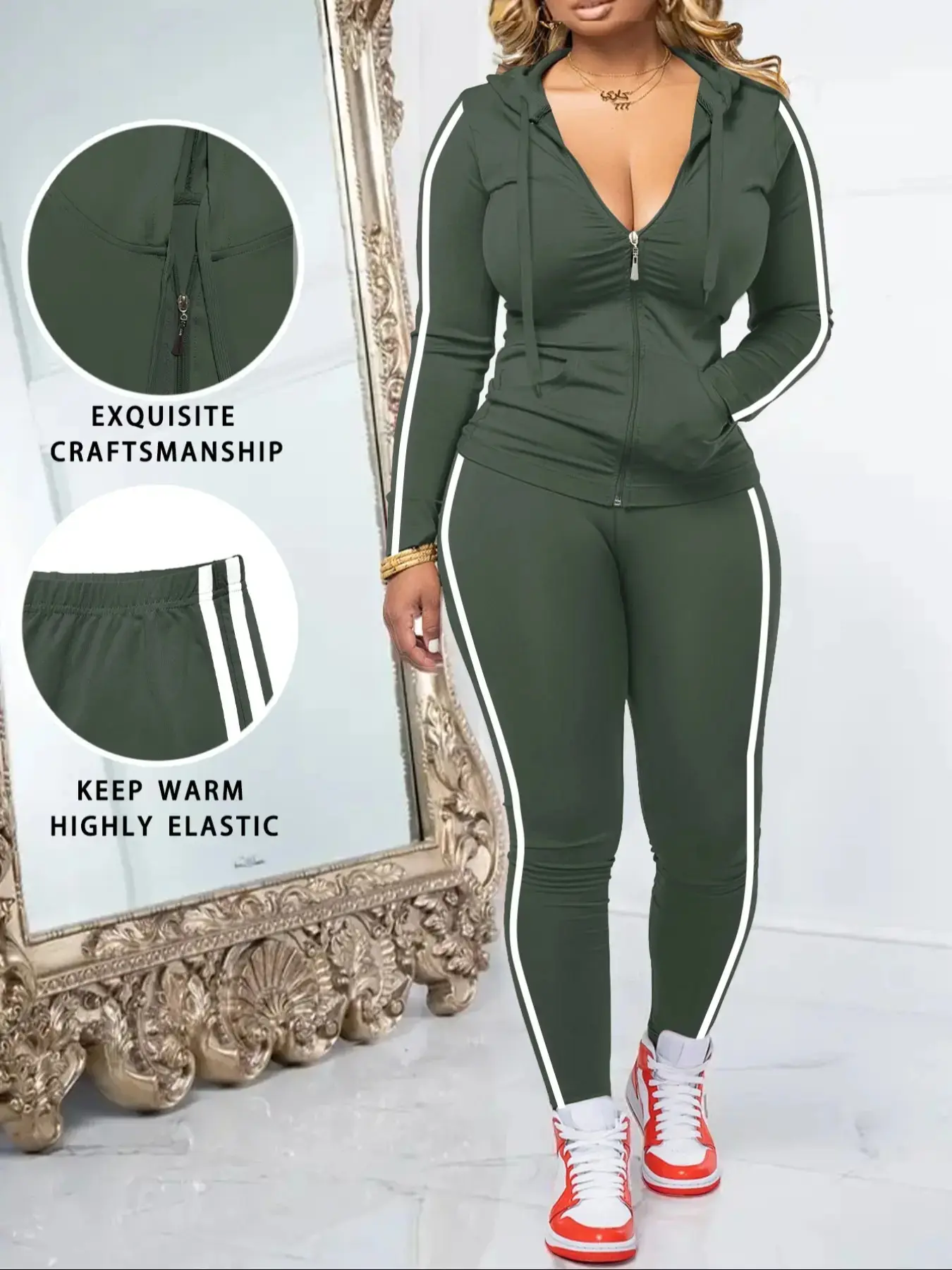 Women's Solid Hooded Long Sleeve Top Side Stripe Skinny Pants Set Sporty Activewear Casual 2026