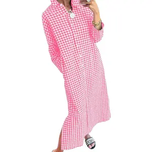 Women's Casual Loose Button Down Plaid Shirt Dress Long Sleeve Side Slit Cotton Gingham Maxi Dress