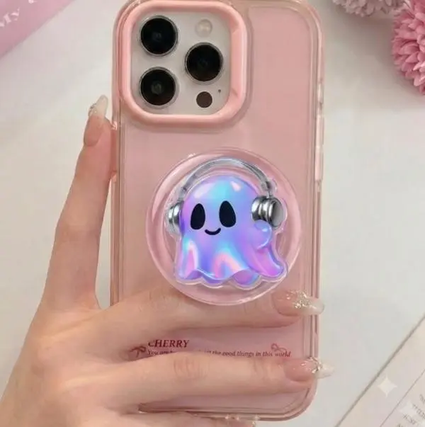 Holographic Ghost with Headphones Phone Grip | Cute Iridescent Spooky  | Aesthetic Music Lover Phone Holder | Y2K Pastel Phone Stand