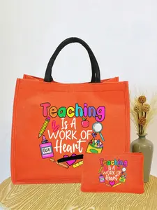Creative Teacher Letter Print Handbag Set, Zipper Wallet Makeup Bag, Large Capacity Shopping Tote, Perfect for Travel and Daily Use