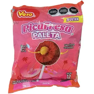 Vero Paleta Picafresa - Strawberry Chili Lollipop Gummy Pineapple Flavored Center - 12 Count Bag - Mexican Candy