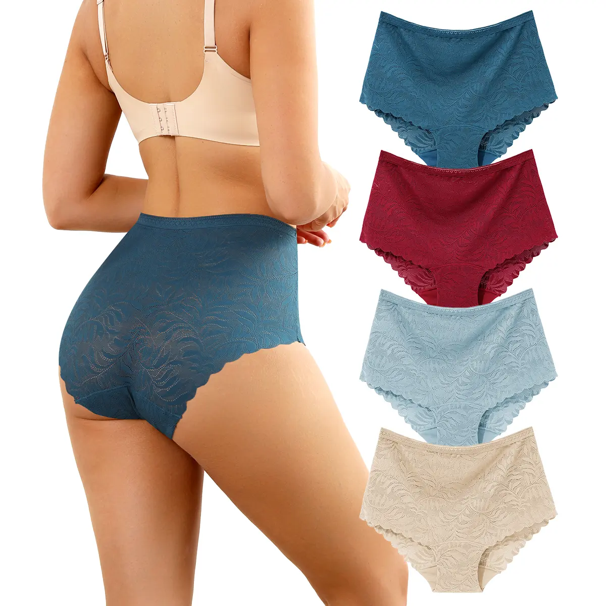 LEVAO Women's High Waist Lace Underwear, Soft Floral Lace Briefs with Full Coverage Panties for Women 3/4 Pack