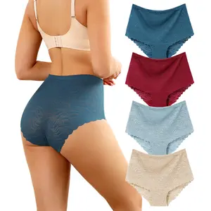 LEVAO Women's High Waist Lace Underwear, Soft Floral Lace Briefs with Full Coverage Panties for Women 3/4 Pack