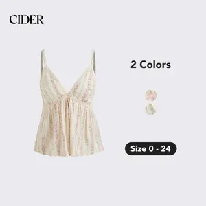 Cider [2 colors, size 0-24] Women's Cotton-Blend V-Neck Floral Cami Top with Adjustable Strap, Double Lined Ruched Cropped Tank for Summer Beach Vacation & Curve Inclusive