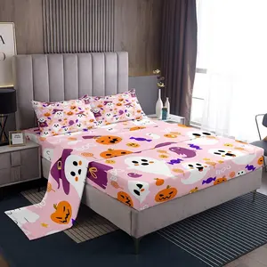 Cartoon Halloween Fitted Sheet Cute Ghost Pumpkin Sheets Set,Pink Purple House Decor Bedding Set Decoration Kawaii Bed Sheet Set Collection