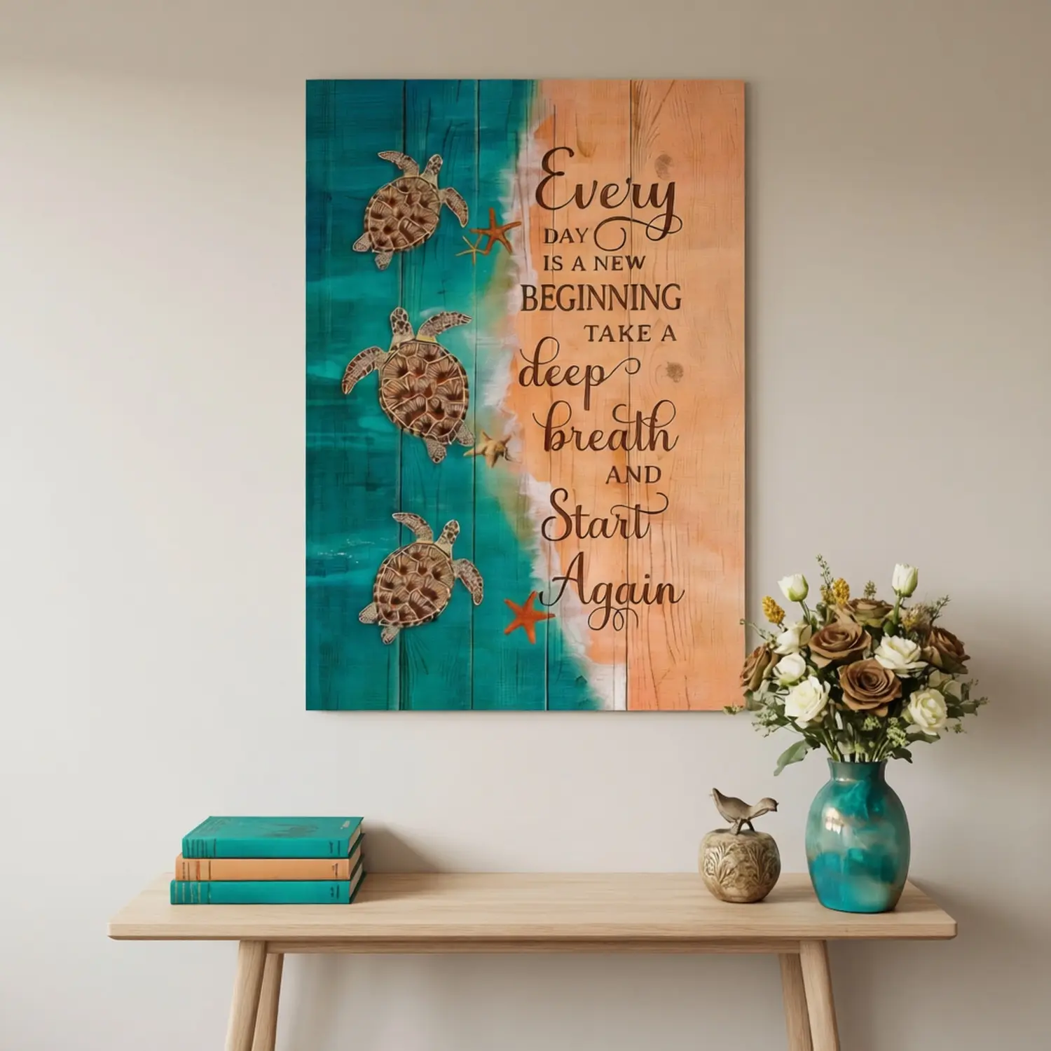 1pc Vintage 2D Flat Sea Turtle Quote Wall Art - Plain Oblong Ink Wrap-Around Canvas Frame, Vertical Ocean Life Printing with "Each Day is a New Beginning", Home Supplies for Kid Room, Bathroom Decoration (Juneteenth, Canada Day Gift Option)