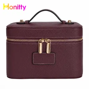 HONITTY Women's Leather Makeup Case - Large Capacity Waterproof Grab-and-Go Spacious Wipe-Clean Zip Make-Up Bag with Removable Divider, Portable Travel Toiletry Organizer, Grab-And-Go Make-Up Bags, Spacious Make-Up Bags