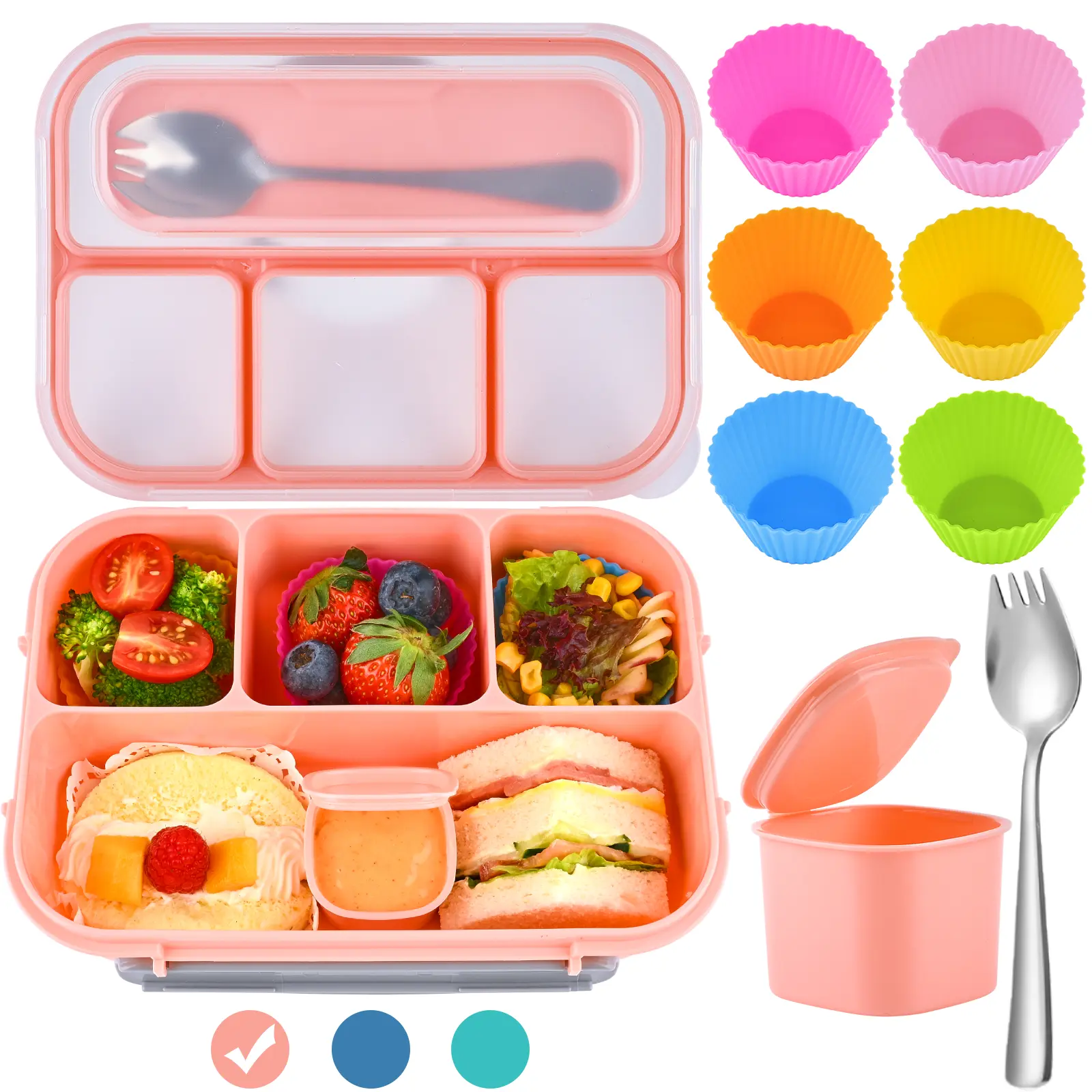 Bento Lunch Box for Kids and Adults, 1300 ML 4-Compartment Bento Box with Accessories, Plastic Lunch Containers Kit, Microwave & Dishwasher & Freezer Safe