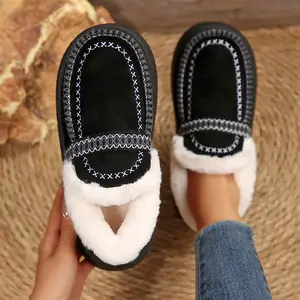 Women's Faux Suede Platform Fleece Slippers - Plush Furry Lining, Stitched Detail, Cozy Winter Footwear Indoor Outdoor Shoes