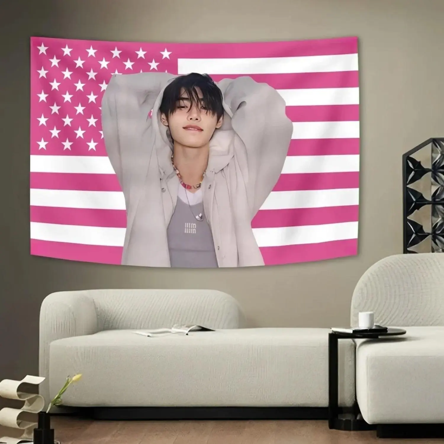 Sunghoon'S American Flag Tapestry Features Pink Stars And Serves As a Wall Decoration for K-Pop Fans. This Large Banner Made of Polyester Is Suitable for Living Rooms, Bedrooms, Or Dorms. It'S a Sturdy Piece for Both Indoor And Outdoor Use