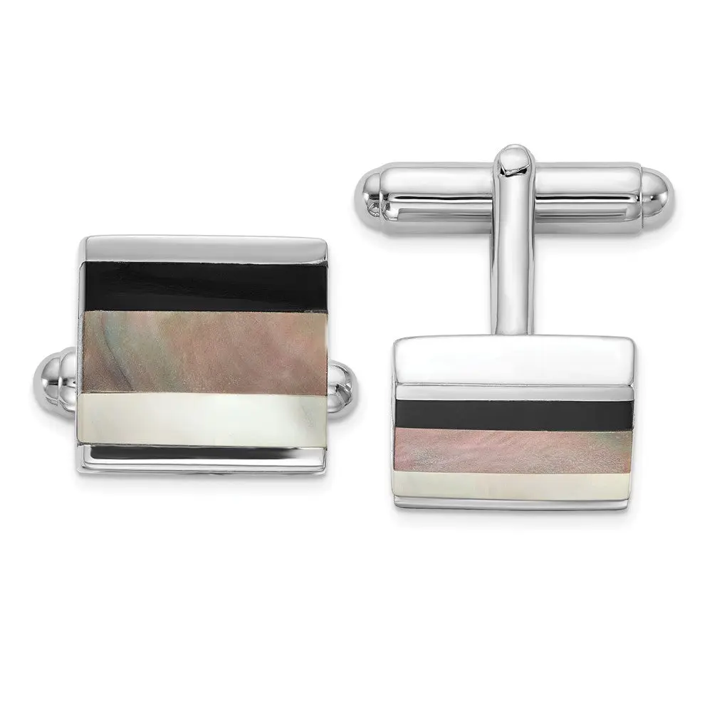 Sterling Silver Rhodium-Plated Cufflinks with Onyx and White/Grey MOP Accents, Ideal for Business & Formal Events