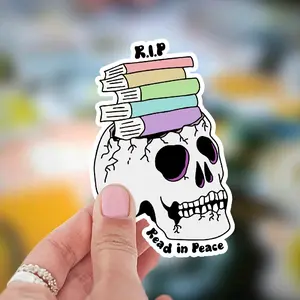 Bookish Skull R.I.P Read in Peace Sticker - Handmade, Water Resistant - 3 inches