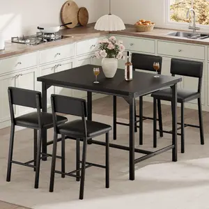 Dining Table Set for 4 w/Footrest & Corner Protector, 5-Piece Kitchen Table Set with Backrest, Counter Height Table with 4 Upholstered Bar Stools for Dining Room, Apartment, Rustic Black