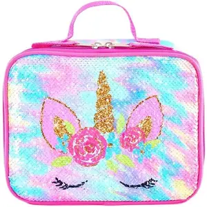 X-LBK16  Cute Insulated Lunch Box For Girls Boys Kids Toddlers Preschool Kindergarten Elementary(Small,Sequin Rainbow Unicorn)