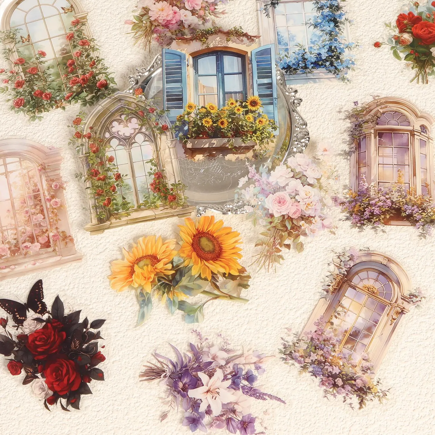 Flower & Window Pattern Sticker, 15pcs/set Waterproof Self Adhesive Decorative Sticker, DIY Decals for Water Bottle, Laptop, Cellphone, Phone Case, Scrapbooking Supplies, Protective