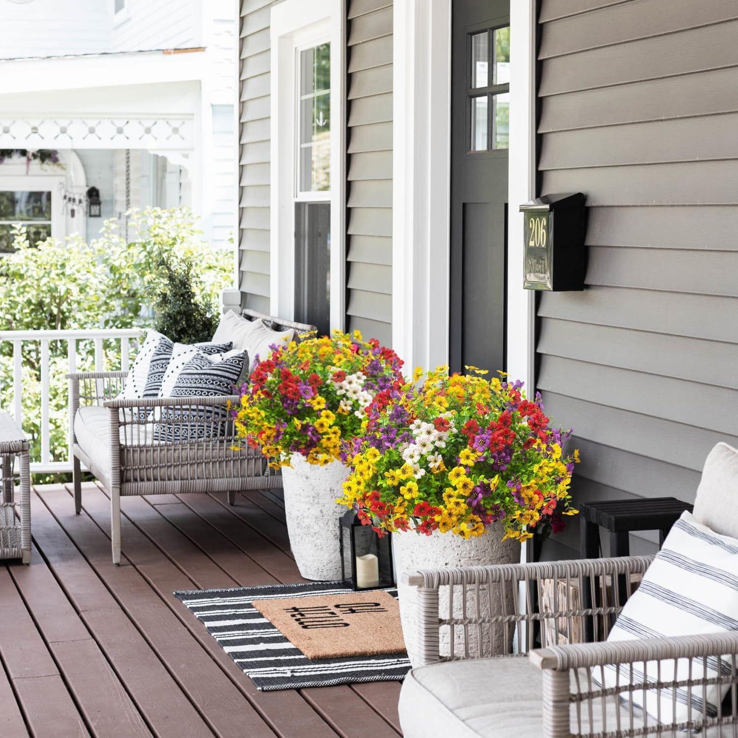 Artificial mixed flowers, 8 pieces/set, outdoor UV-resistant colorful artificial flowers, fake outdoor flowers, eucalyptus and violet, decorative flowers, decorative bouquets suitable for home, garden and porch decoration