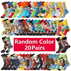 20 pairs of men’s trendy crew socks with cartoon anime patterns—breathable, comfortable casual socks for outdoor wear in all seasons, made from menswear fabric