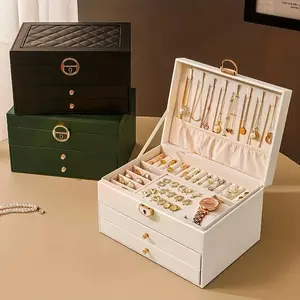2026 New Edition Antique Leather Jewelry Storage Box with Key Lock, 3 Layers of Large Capacity for Storing Earrings, Rings, Necklaces, Beaded Items and Accessories, Inner Liner of Velvet and Drawers, Suitable for Bedroom Vanity Table, Halloween, Christmas