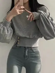 Women's Solid Color Ribbed Waist Button Fit Long Sleeve Casual Top, Stylish and Comfortable, Perfect for Daily Wear, Trendy Ladies' Clothing, Womenswear