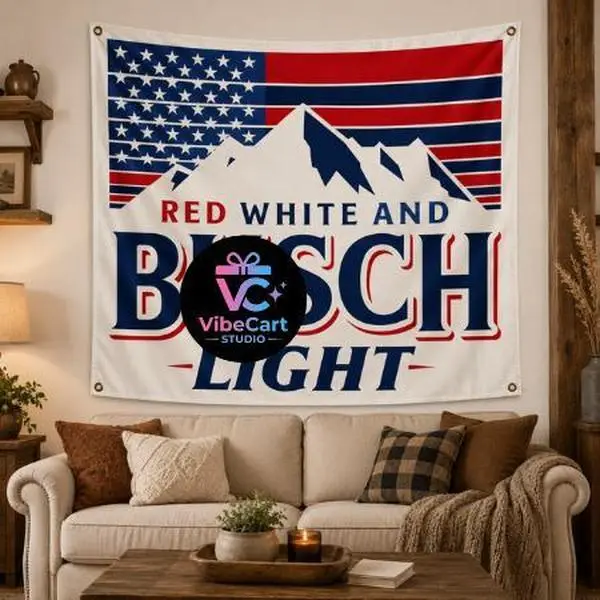 Red White B*sch Light Tapestry, American Flag Mountain Beer Wall Hanging, Patriotic Man Cave Garage Decor, Home Supplies with 4 Grommet Holes at 4 Corners