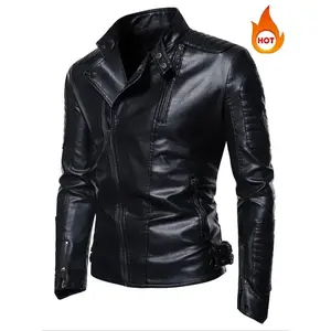 Men’s fleece-lined windproof leather jacket, plain color outerwear coat, casual fashionable winter clothing for men