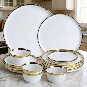 12 Pieces white and Gold Porcelain Dinnerware Set, Plates and Bowls | Dinner and Salad Plates, Ramen Bowls, Dishes for 4 | Chip and Crack Resistant | Dishwasher & Microwave Safe Dishes Set