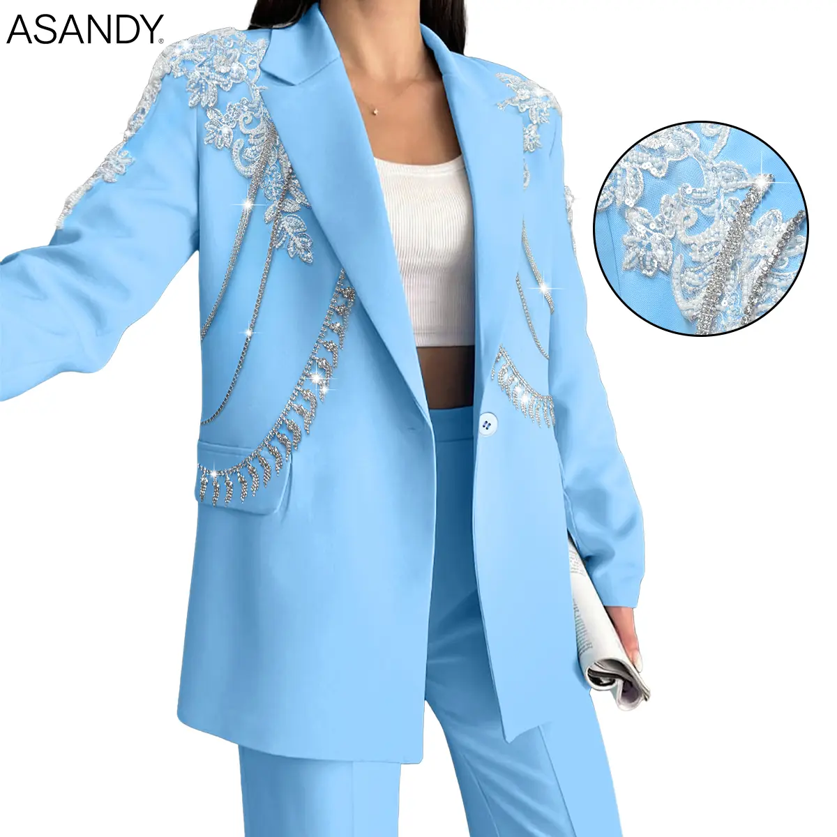ASANDY Women's Sparkly Rhinestone Chain Blazer - Oversized Polyester V-Neck Lapel Button Long Sleeve Fit with Elegance for Party Events