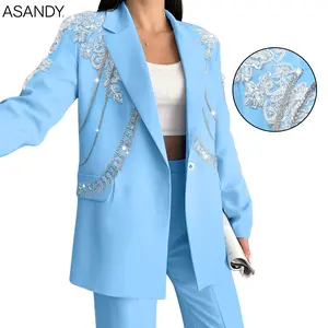 ASANDY Oversized Sparkly Rhinestone Chain Suit Jacket — Sky Blue Loose Fit, Embellished | Red Carpet & Party Statement Piece