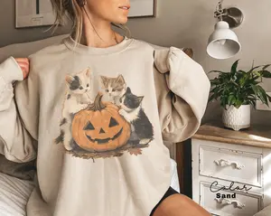 [SALE UP TO 45%] Vintage 90s Cat Halloween Sweatshirt, Retro Halloween Shirt, Pumpkin Shirt, Crew Neck Cotton, Fall Outfits