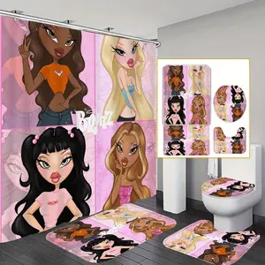Cartoon Girl Pattern Bathroom Decorations, 4 Counts/set Including Shower Curtain & Toilet U-shape Mat & Bath Mat & Toilet Lid Cover, Shower Curtain Sets, Bathroom Decor Supplies, Bathroom Decoration Accessories