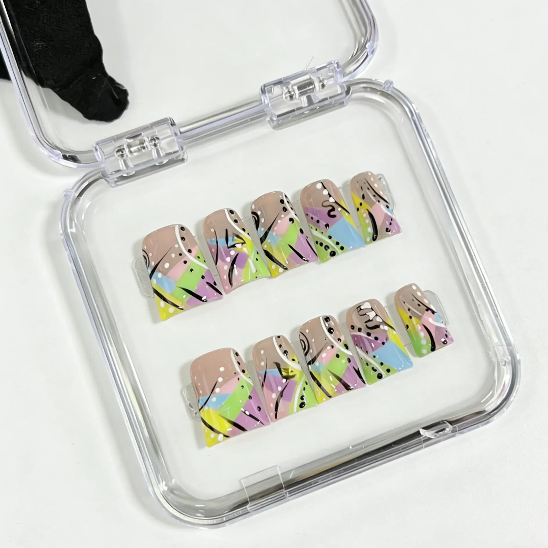 DiDazzle 10 PCS Handmade Duckbill Press-on Nails | Abstract Pastel Graffiti with Artistic Swirl Line Art & Vibrant Summer Palette