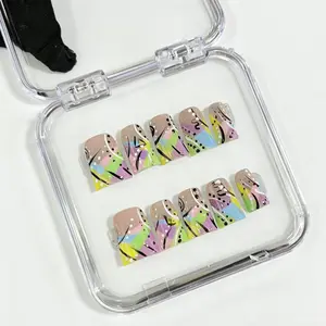 DiDazzle 10 PCS Handmade Duckbill Press-on Nails | Abstract Pastel Graffiti with Artistic Swirl Line Art & Vibrant Summer Palette