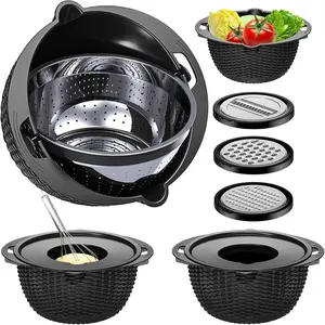 4-1 Colander with Bowl Set - Pasta Strainer - Colander for Kitchen - Strainers and Colanders Rice Strainer Fruit Cleaner Veggie Wash Sink Strainer Kitchen  - Black