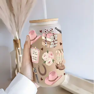 Pink Cowgirl Theme 16oz Glass Can Cup with Lid and Straw, Reusable Glass Drinking Cup, High-Quality Glass Jar for Iced Coffee, Hot Chocolate, Juice, Cold Drinks, Sweet Western Style Glassware, Perfect Gift for Western Style Lovers, Friend, Family, Tumbler