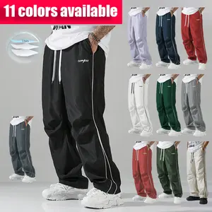 3 Pack Men's Parachute Pants Ice Silk Summer Cargo Pants Loose Straight Drawstring Side Striped Jogger Casual Outdoor Trousers