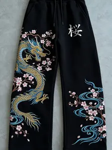 Men's New Chinese Style Sweatpants, Loose-Fitting Dragon Print Long Pants, Casual Sporty Wide Leg Trousers, Comfortable Daily Wear