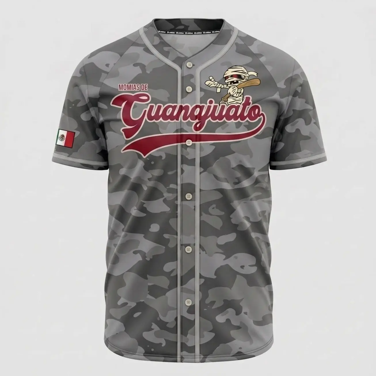 Momias de Guanajuato Gray Camouflage Baseball Jersey – Mexican Heritage Mummy Graphic Button-Up Sports Shirt, Unisex Athletic Jersey