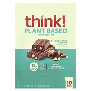Think ! Plant Based High Protein Bars, Sea Salt Almond Chocolate, 10 Bars, 1.94 oz (55 g) Each