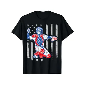 Men's 100% Cotton Vintage USA Flag 4th Of July Baseball Catcher T-Shirt - Summer Casual Round Neck Short Sleeve, Dark Metalcore Double Print, Y2K Outfits, Versatile, S-XXXL Graphic Fashion Tee Cute American Tee