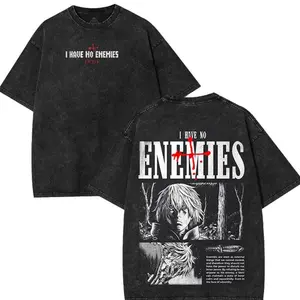 Vinland Saga Thorfinn Oversized Acid Washed Unisex Tee. Double Sided Anime Shirt with “I Have No Enemies” Quote. Heavy Cotton Streetwear Drop.
