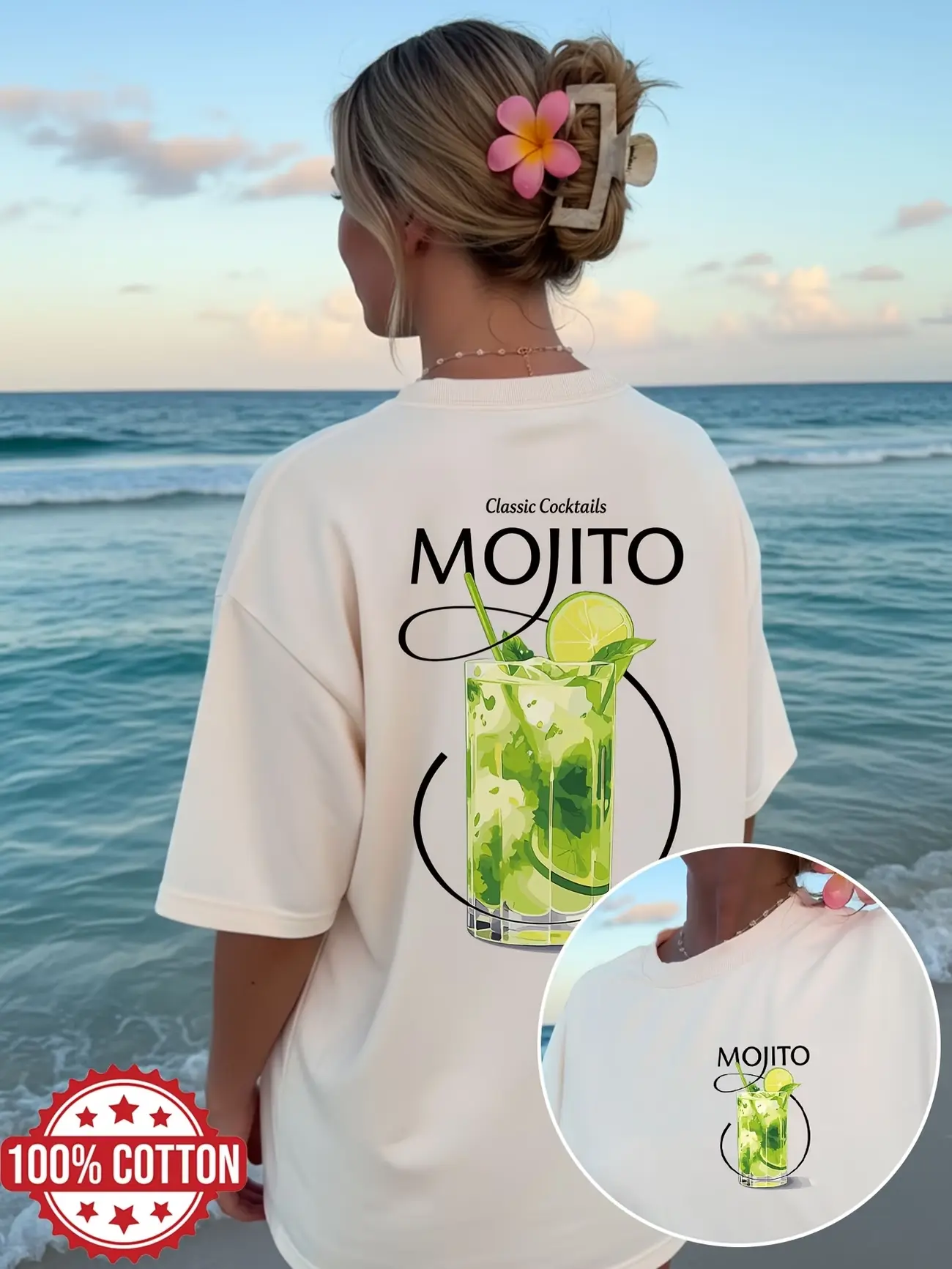 Women'S Summer Casual Top Featuring Double-Sided Prints, with a Drink Theme And a Mojito Cocktail Design, This Oversized Short-Sleeve T-Shirt Has a Round Neck