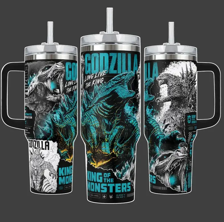 [Gift Box & Straw] 40oz Monster Energy King Blue Black Godzilla Stainless Steel Tumbler with Handle, Double Wall Vacuum Insulated Travel Mug, Fits Car Cup Holder, Monster Fan Collector Gift