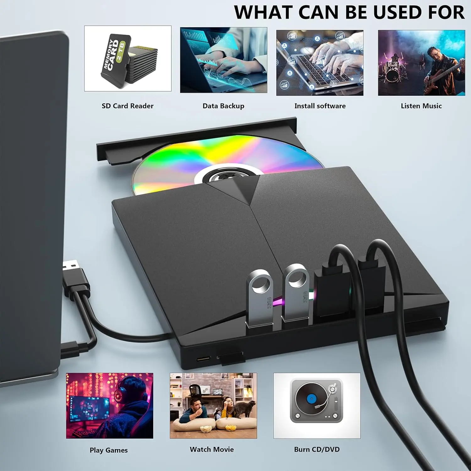 7-in-1 External CD/DVD Drive, USB 3.0 and Type-C Portable Player