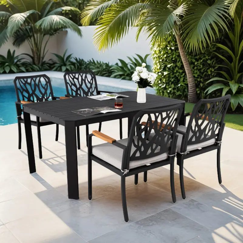5PC Outdoor Patio Aluminum Furniture Set, Modern Dining Set with 4 Dining Chairs Sunbrella Fabric Cushioned, Nature-Inspired Branch-Like Backrest, Rectangular Table with Umbrella Hole,Bourbon Brown
