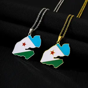 hot-selling stainless steel Djibouti map national flag pendant necklace men and women couples ethnic style accessories